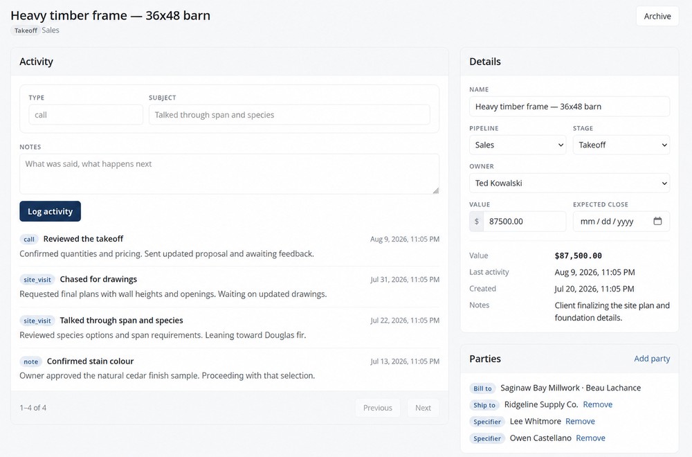 A deal record: its logged activity on the left, and on the right the details panel and the parties attached to the deal.