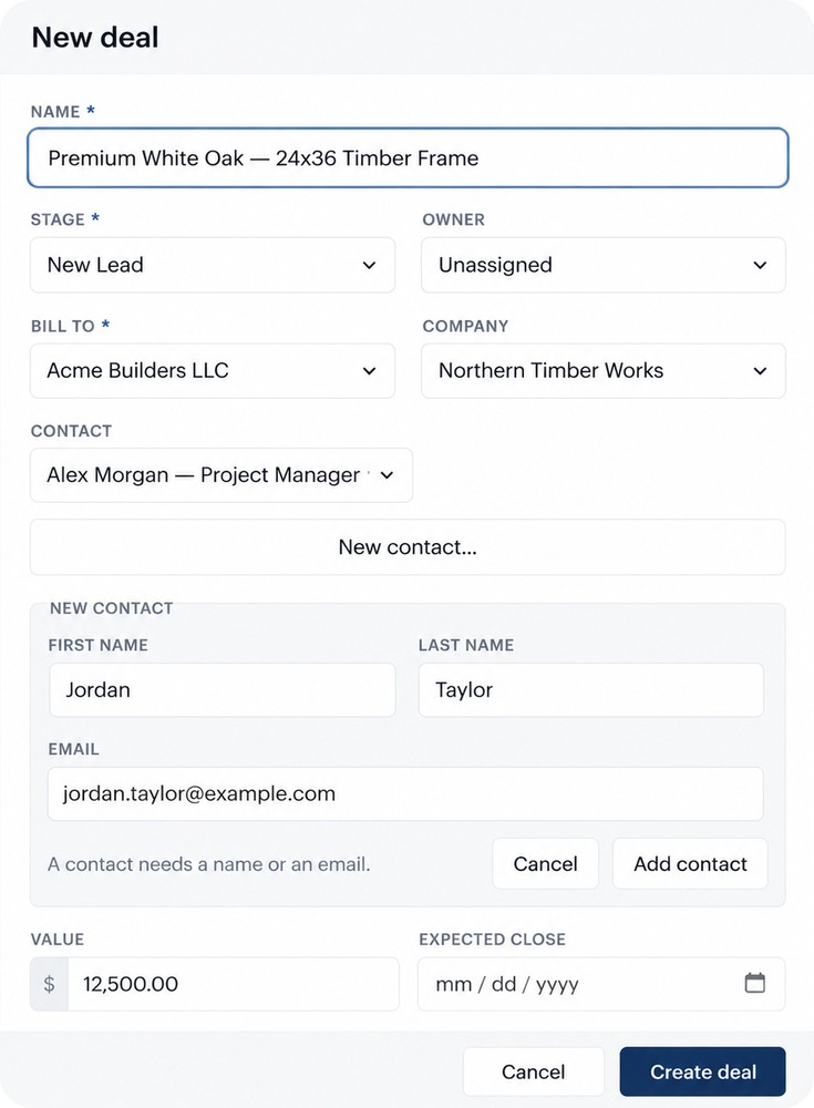 The new deal dialog, with stage, owner, bill-to party, contact, value and expected close date.