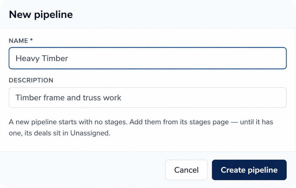 The new pipeline dialog, with fields for a name and a description.